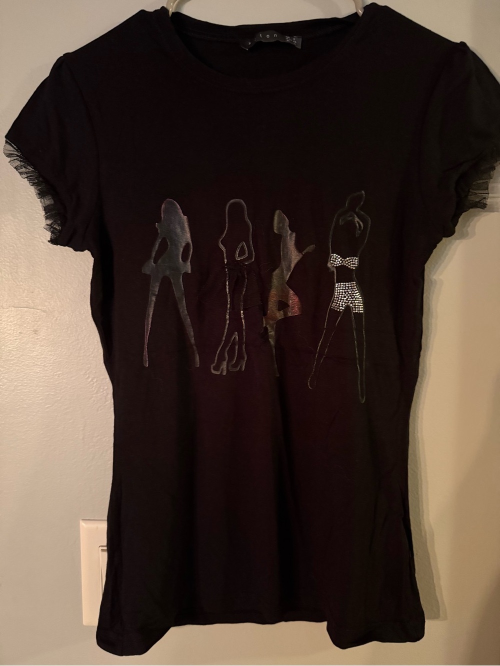 Black Graphic Short Sleeve Women's Top with Metallic Silhouettes